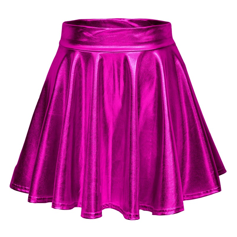 EXCHIC Women's Shiny Metallic Wet Look Stretchy Flared Mini Skater Skirt (L, Rose) - Image 1